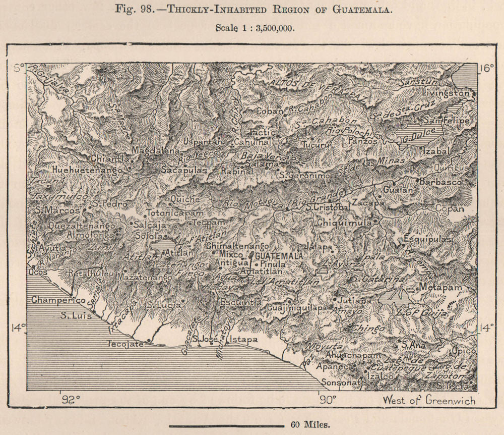 Densely populated South Guatemala. Central America 1885 old antique map chart